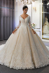 Long A-Line Sweetheart Backless Appliques Lace Sequins Wedding Dress with Sleeves