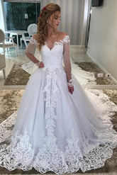 Long A-Line Sweetheart Off-the-Shoulder Appliques Lace Sequins Wedding Dress with Sleeves
