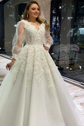 Long A-Line V-neck Appliques Lace Tulle Wedding Dress With Puffy Long Sleeves