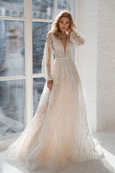 Long A-line V-neck Court Train Tulle Wedding Dress with Sleeves