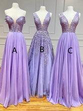Long A-line V-neck Lace Chiffon Prom Dress Lilac Formal Evening Dresses