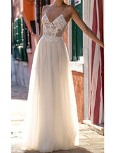 Long A-Line V-neck Spaghetti Strap Tulle Backless Wedding Dresses