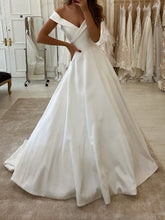 Long A-Line V Neck Sweep Brush Train Satin Wedding Dresses