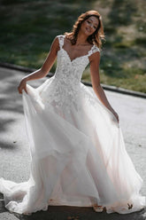 Long A-line V-neck Tulle Backless Lace Wedding Dress