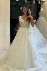 Long A-Line V-neck Wide Straps Appliques Lace Pearl Tulle Wedding Dress