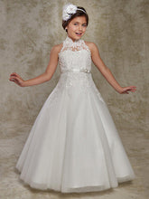 Long Ball Gown Lace Sleeveless High Neck Wedding Party Flower Girl Dresses With Beading Appliques