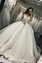 Long Ball Gown Sweetheart Appliques Lace Tulle Wedding Dress with Sleeves