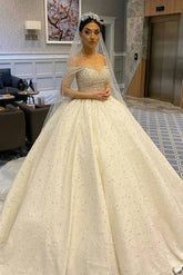 Long Ball Gown Sweetheart Off-the-Shoulder Backless Pearl Beading Ruffles Tulle Wedding Dress