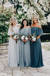 Long Chiffon Off The Shoulder Slate Gray Bridesmaid Dresses BD077