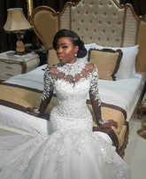 Long Mermaid High Neck Beads Lace Appliques Wedding Dress with Sleeves