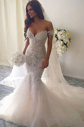 Long Mermaid Off-the-Shoulder Tulle Lace Wedding Dresses