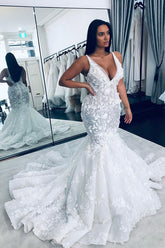 Long Mermaid V-neck Floral Beaings Straps Backless Wedding Dress