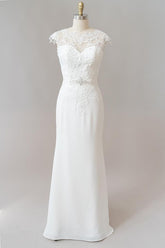 Long Sheath Illusion Lace Wedding Dress with Cap Sleeve