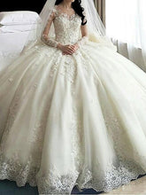 Long Sleeve A-Line Scoop Neck Court Train Organza Wedding Dresses