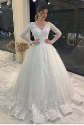Long Sleeve A-Line V-neck Appliques Lace Backless Tulle Wedding Dress