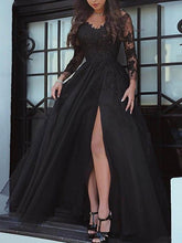 Long Sleeves A-Line Bateau Neck Sweep Brush Train Lace Prom Dresses with Slit