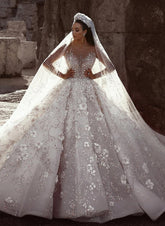 Long Sleeves Ball Gown Sweetheart Beading Floral Lace Wedding Dresses