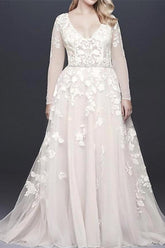 Long Sleeves V-Neck s Belt Wedding Dress