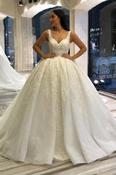 Long Sweetheart Backless Appliques Lace Sequins Ball Gown Wedding Dress