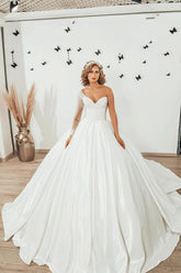 Long Sweetheart Satin Ruffles Ball Gown Wedding Dress with Sleeves