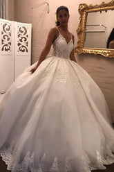 Long V-neck Spaghetti Straps Appliques Lace Tulle Ball Gown Wedding Dress