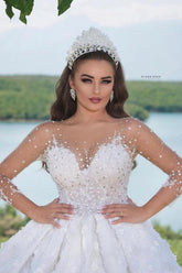 Luxury Long Ball Gown Sweeteart Beads Glitter Wedding Dress with Sleeves