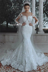 Luxury Mermaid Tulle Beaded Lace Wedding Dresses with Sleeves