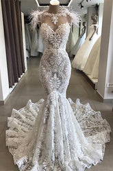 Luxury White Hollow Sweetheart Open Back Lace Long Wedding Dress with Fur Neckline