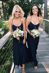 Baoleely Simple Navy Blue Bridesmaid Dresses Chiffon Spaghetti Straps