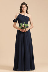 New Arrival Black One Shoulder A-line Long Bridesmaid Dress