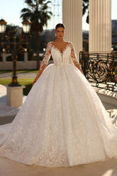 Noble sweetheart 3/4 length sleeves ball gown lace wedding dress rhinestones