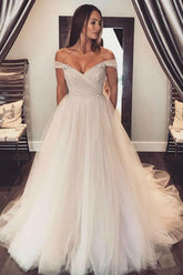 Off Shoulder Tulle Sleeves Blush Wedding Dress Colorful Bridal Dress WD354