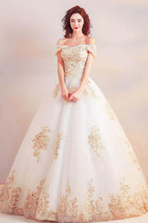 Off the Shoulder Ball Gown Long Wedding Dress with Gold Appliques WD368