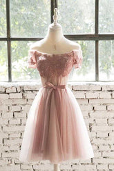 Robe de bal courte en tulle et dentelle rose à épaules dénudées, référence PD200