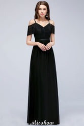 Off-the-shoulder Sleeveless Floor-Length A-line Bridesmaid Dresses Chiffon Lace V-Neck Prom Dress