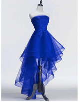 Robe de soirée bleu roi en tulle avec application de dentelle, coupe asymétrique, robe de bal de fin d'année bleue Y671