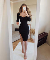 Robe de soirée noire moulante et modeste, longueur genou, décolleté cœur et fente latérale, taille personnalisée Y948