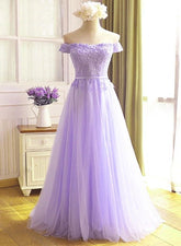 Robe de bal longue trapèze en tulle violet clair à épaules dénudées, ornée d'appliqués de dentelle Y918