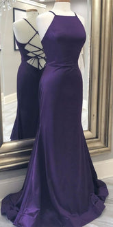 Vestido de noche morado estilo sirena con espalda con cordones, modelo Y1055