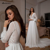 Baoleely Vestidos Boho Bridal Manches Longues Robes De Mariée A-Line Robe Longue Simple Plage Mousseline Longue Robes De Mariée Col V Profond