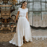 Robe de mariée deux pièces Baoleely, haut en dentelle, manches courtes, col rond, mousseline, longueur au sol, traîne, robe de mariée de plage, bouton au dos