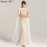 Robe de mariée sirène blanche à perles et cristaux, couleur chair, avec bonnet, LA6098