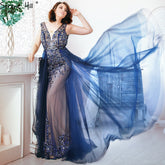 Hard Beading Navy Blue With Train Evening Dress Long Diamond Crystal Tulle Formal Evening Dress 2025 LA6185
