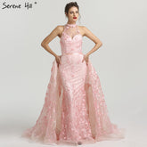 Robe de soirée romantique en dentelle à fleurs roses sans manches LA6109