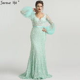 Robe de soirée sirène à manches longues et col en V, motif fleurs et perles, en solde, sans retour ni remboursement, LA6514