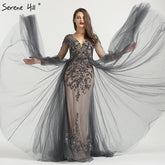 Long Sleeve Sexy V-Neck New Evening Dress 2025 A-Line Fashion Diamond Beading With Train Evening Dress Real Photo LA6571