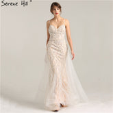 Robe de soirée sirène blanche et nude avec perles et cristaux LA6242