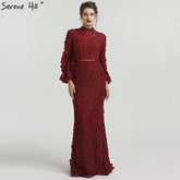 Flowers Pearls Long Sleeves Mermaid Evening Dresses Muslim Fashion Elegant Tulle Evening Gowns 2025 LA6293