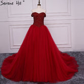 Luxury Beading Burgundy Crystal Puffy Ball Gown Wedding Dresses Gown