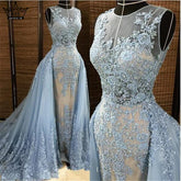 Mermaid Evening Dress Long Light Blue Sleeveless Tulle Formal HA2114